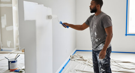 A man wearing a paint-splattered shirt is painting an interior wall white with a paint roller. The room is under renovation, with blue painter's tape on the baseboards and a drop cloth on the floor, representing a DIY home improvement project.の素材