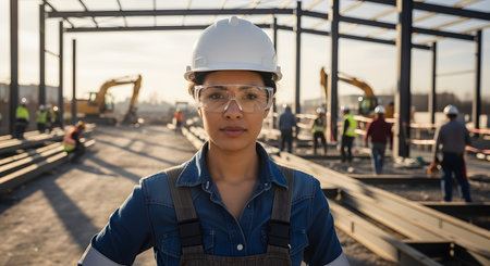 A portrait of a confident female construction worker wearing a white hard hat and safety goggles at a busy building site. She looks directly at the camera, with heavy machinery and the steel frame of a building in the background.の素材