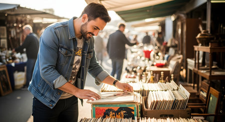 A smiling man in a denim jacket browses through crates of vinyl records at a sunny, outdoor flea market. He is carefully inspecting a record album. The background is blurred with other stalls and shoppers, capturing a moment of leisurely shopping and nostalgia.の素材