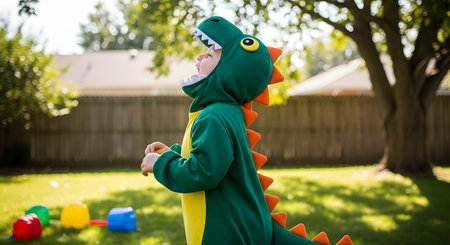 A young child wearing a green and yellow dinosaur costume stands in a sunny backyard and roars with excitement. This playful image captures the joy, imagination, and fun of childhood dress-up and outdoor play.の素材