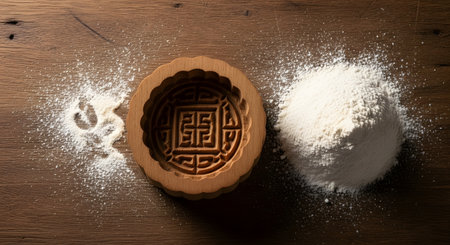 A top-down view of a traditional round wooden mooncake mold with an intricate pattern, placed next to a pile of white flour on a dark wood table. This image represents the process of baking mooncakes for the Mid-Autumn Festival.の素材