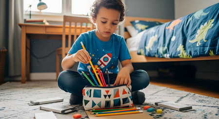 A young boy sits cross-legged on the carpet in his bedroom, carefully organizing a set of colored pencils into his pencil case. He is focused on his task, with art supplies scattered around him. This scene represents creativity, learning, back to school preparation, and childhood.の素材