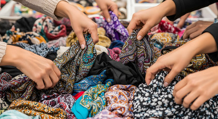 A close-up of several pairs of hands, likely belonging to different customers, sifting through a large pile of colorful, patterned scarves. This scene captures the experience of shopping at an outdoor market or thrift store.の素材