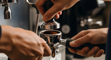 A close-up of a barista's hands using a metal tamper to press down ground coffee in a portafilter. The barista is preparing an espresso shot using a professional coffee machine in a cafe. This image represents the process of making coffee, cafe culture, and skilled work.の素材