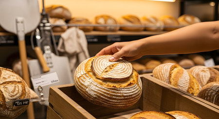 A customer's hand picks up a freshly baked, crusty loaf of artisanal sourdough bread from a wooden crate in a bakery. The background is filled with shelves of various types of bread, creating a warm and inviting bakeshop atmosphere.の素材