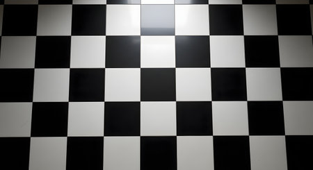 A black and white checkerboard floor pattern, viewed from a slightly high angle. The clean, glossy tiles create a classic, geometric, and repeating pattern, with a slight reflection from an overhead light.の素材