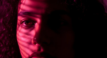 An artistic, extreme close-up of a person's eye and face, dramatically lit with pink or magenta light. Shadows from blinds create horizontal lines across their skin, creating a moody, mysterious, and cinematic effect.の素材