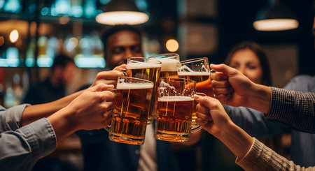 A close-up shot of several hands toasting and clinking large glass mugs filled with beer in a warm, crowded pub. The image captures a moment of celebration, friendship, and socializing.の素材