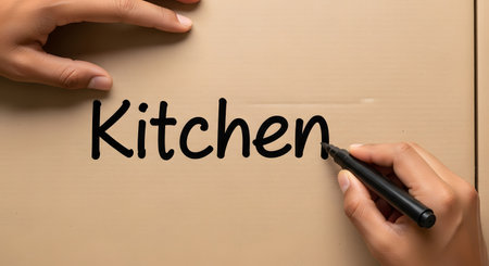 A person is writing the word 'Kitchen' in black marker on the side of a cardboard box. This action is typical during the process of packing for a move to a new home. The image represents organizing, relocating, and moving house.の素材