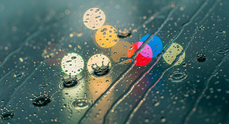 A macro photo captures raindrops splashing on a glass window, creating small crowns and ripples. In the background, colorful city lights are blurred into a beautiful bokeh effect, creating a moody and artistic abstract image of a rainy night.の素材