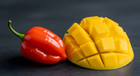 A close-up shot on a dark slate background of a vibrant red habanero pepper next to a bright yellow mango, which has been cut into a hedgehog pattern. This represents a sweet and spicy flavor combination.の素材