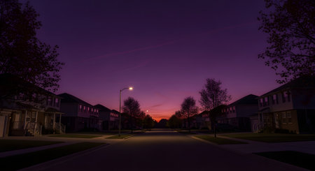 An empty suburban street at dusk, lined with two-story homes and trees. A single streetlight illuminates the road, and the sky is a deep, dramatic purple and pink just after sunset.の素材
