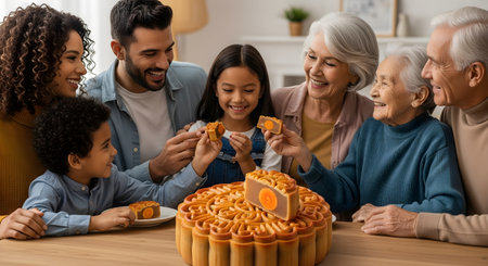 A happy, multi-generational, and diverse family is gathered around a wooden table, smiling and sharing a large, ornate mooncake. The grandparents, parents, and children are all enjoying the moment together, celebrating a holiday.の素材