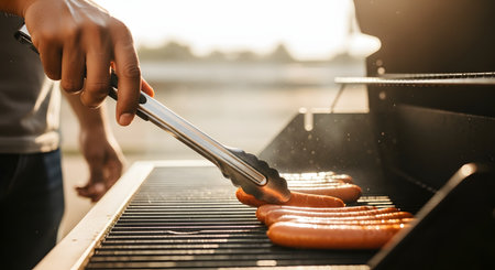 A close-up shot of a person's hand using metal tongs to turn several hot dogs cooking on a barbecue grill. The background is brightly lit by the sun, suggesting a summer cookout or backyard party.の素材