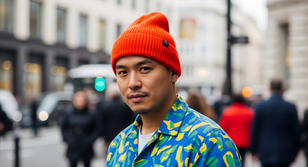 A street style portrait of a stylish Asian man looking at the camera. He wears a bright orange beanie, a colorful blue and yellow patterned shirt, and is standing on a busy, blurred city street.の素材