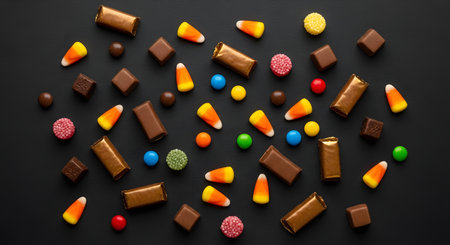 A flat lay, top-down view of assorted Halloween candy scattered on a solid black background. The selection includes candy corn, small chocolate bars, wrapped candies, and colorful gumdrops.の素材
