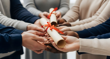 A diverse group of people's hands come together in a circle to hold two diplomas or certificates, which are rolled up and tied with red ribbons. This represents teamwork, graduation, shared achievement, or receiving certification.の素材