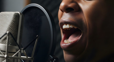 An extreme close-up of a person's mouth wide open, singing passionately into a professional studio microphone with a pop filter. The image captures the emotion and power of a vocalist recording music or a podcast. The lighting is dramatic and focused.の素材