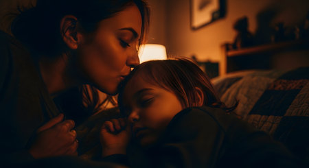 A tender, dimly lit moment of a mother kissing her sleeping child on the forehead. The child is fast asleep in bed, and the mother's love and care are evident in the warm, quiet bedroom.の素材