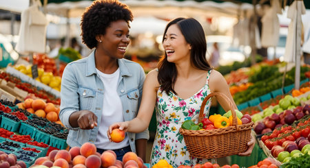 Two happy, diverse women, one Black and one Asian, are laughing and shopping for fresh produce at an outdoor farmers' market. The Asian woman holds a wicker basket full of vegetables while the Black woman picks out a fresh peach.の素材
