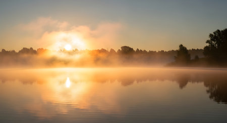 A serene and beautiful landscape of a golden sunrise over a calm lake. Thick fog or mist rises from the water, partially obscuring the sun and the silhouetted forest on the far shore, with a perfect reflection on the glassy surface.の素材