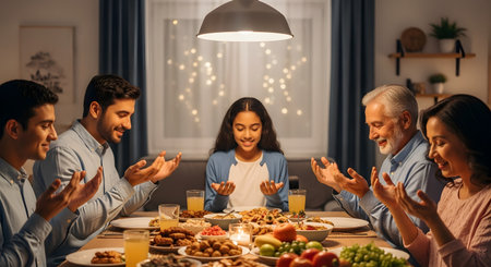 A multi-generational family, including grandparents, parents, and a child, sits at a dining table, holding hands or raising them in prayer with eyes closed. They are giving thanks before eating a large, festive meal together in a warm, cozy home.の素材
