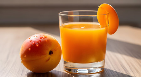 A glass of fresh, bright orange apricot juice sits on a wooden table, garnished with an apricot slice. Next to the glass is a whole, ripe apricot with water droplets, all illuminated by bright sunlight.の素材