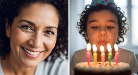 A split-screen image showing two separate portraits. On the left, a beautiful, smiling mature woman with curly hair. On the right, a young boy with a party hat blowing out colorful candles on a birthday cake. This represents family, birthdays, and the passage of time.の素材