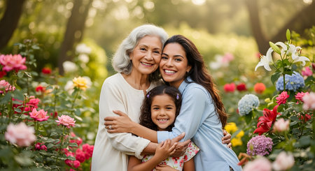 A happy portrait of three generations of Hispanic women: a grandmother, mother, and granddaughter, embracing in a beautiful, sunny flower garden. They are all smiling at the camera, conveying love, family bonds, and happiness. This image is perfect for Mother's Day themes.の素材