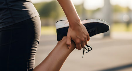 A close-up shot of a woman in black athletic wear, standing outdoors and stretching her quadriceps. She is holding her black sneaker, warming up before or after a run. This image represents fitness, exercise, and a healthy lifestyle.の素材