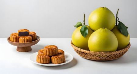A still life arrangement for the Mid-Autumn Festival, featuring stacks of traditional Chinese mooncakes on a plate and a wooden stand, alongside a basket of fresh green pomelo fruits. The scene is set against a clean, white background.の素材