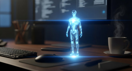 A futuristic concept image showing a glowing blue hologram of a humanoid figure standing on a modern office desk at night. A computer screen with code, a keyboard, and a steaming mug are visible, symbolizing AI, technology, and the future of work.の素材