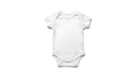 A flat lay of a blank, white, short-sleeved baby onesie or bodysuit, isolated on a clean white background. This image is a perfect mockup template for custom designs, logos, or text for baby apparel.の素材