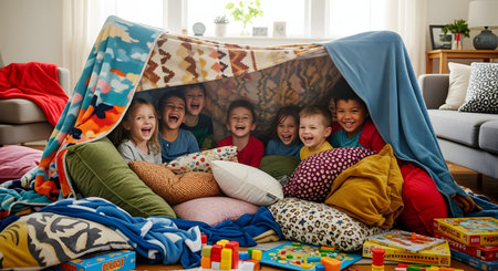 A diverse group of happy children are laughing and playing together inside a cozy blanket fort in a living room. They are surrounded by pillows and toys, enjoying a fun day of imaginative play.の素材
