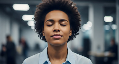 A close-up portrait of a calm Black businesswoman with her eyes closed, meditating in a blurred office environment. Her serene expression suggests she is practicing mindfulness for stress relief. This image represents workplace wellness, mental health, and focus.の素材