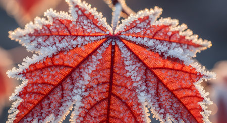 A detailed macro shot of a vibrant red maple leaf covered in sparkling white frost crystals. The ice clearly defines the veins and serrated edges of the leaf, backlit by morning sunlight.の素材