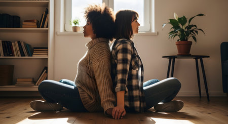 Two diverse women, one Black and one white, sit back-to-back on a wooden floor in a sunlit apartment. They look in opposite directions, suggesting conflict, disagreement, or a difficult conversation between friends or a couple.の素材