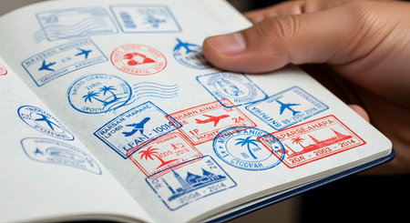 A person's hand holds open a passport, revealing pages filled with colorful immigration and visa stamps from various countries. This image symbolizes international travel, tourism, adventure, and the life of a frequent traveler.の素材