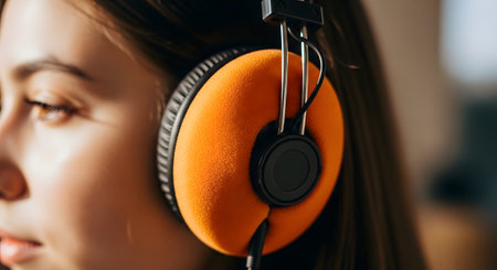 A close-up, side-profile shot of a young woman wearing large, retro-style headphones with bright orange foam earpads. She is listening to music, with a soft, focused expression.の素材