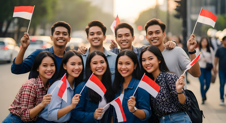 A large group of happy young Indonesian men and women smile for the camera while holding and waving small Indonesian flags. They are standing close together on a city street, celebrating a national event.の素材
