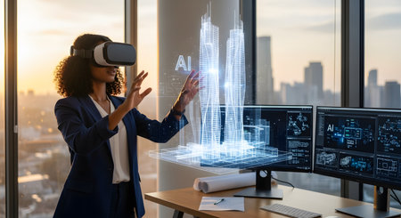A professional female architect or engineer in an office wears a VR headset, interacting with a glowing 3D holographic model of a skyscraper. The concept illustrates the use of artificial intelligence (AI), virtual reality, and the metaverse in modern architecture and business.の素材