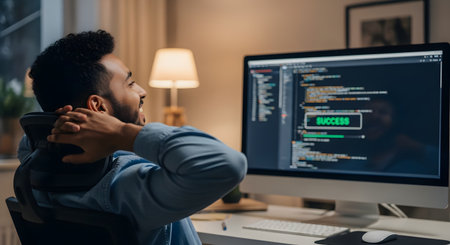 A happy male programmer leans back in his chair and smiles, looking satisfied at his computer screen in a cozy home office at night. The screen displays lines of code and a green box with the word 'SUCCESS', indicating a successful project or debug.の素材
