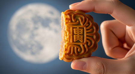 A person's hand holds up a traditional Chinese mooncake, which has been cut in half to show the filling, against a backdrop of a large, glowing full moon in the night sky. The image symbolizes the Mid-Autumn Festival, reunion, and celebration.の素材