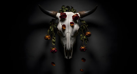 A white bull skull with large horns is adorned with withered red roses and vines, mounted on a dark, textured wall. This moody and gothic image evokes themes of life and death, beauty in decay, and a Southwestern or occult aesthetic.の素材