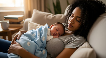 A serene African American mother rests with her eyes closed on a comfortable sofa, while her newborn baby sleeps peacefully on her chest, wrapped in a blue blanket. This tender moment captures the intimate bond, love, and exhaustion of new motherhood.の素材