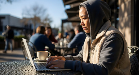 A focused woman wearing a hoodie and fleece vest works on her laptop at an outdoor cafe table. She is concentrating on her screen, with a coffee cup nearby, representing remote work, digital nomads, or online studying.の素材