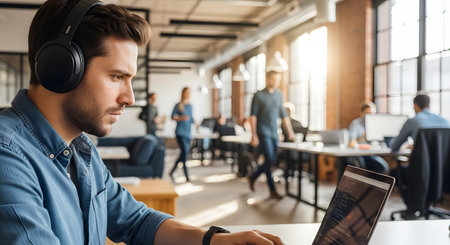 A focused young man wearing headphones works intently on his laptop in a bright, modern, open-plan office. In the blurred background, colleagues are walking and working, creating a busy co-working atmosphere.の素材