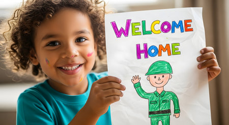 A happy, smiling child with curly hair and paint on their cheek holds up a colorful crayon drawing. The drawing says "WELCOME HOME" in rainbow letters and features a picture of a waving soldier.の素材