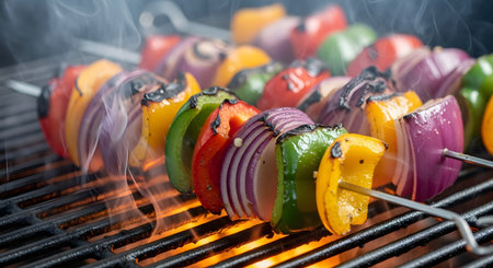Several metal skewers loaded with colorful, fresh vegetable kebabs are grilling over open flames on a barbecue. The kebabs include red and green bell peppers, yellow peppers, and red onions, which are charring and smoking, perfect for a summer cookout.の素材