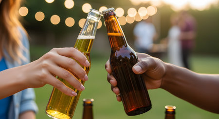 A close-up of two hands, one with lighter skin and one with darker skin, toasting and clinking two glass beer bottles. The background is a blurry outdoor party or backyard barbecue with string lights.の素材
